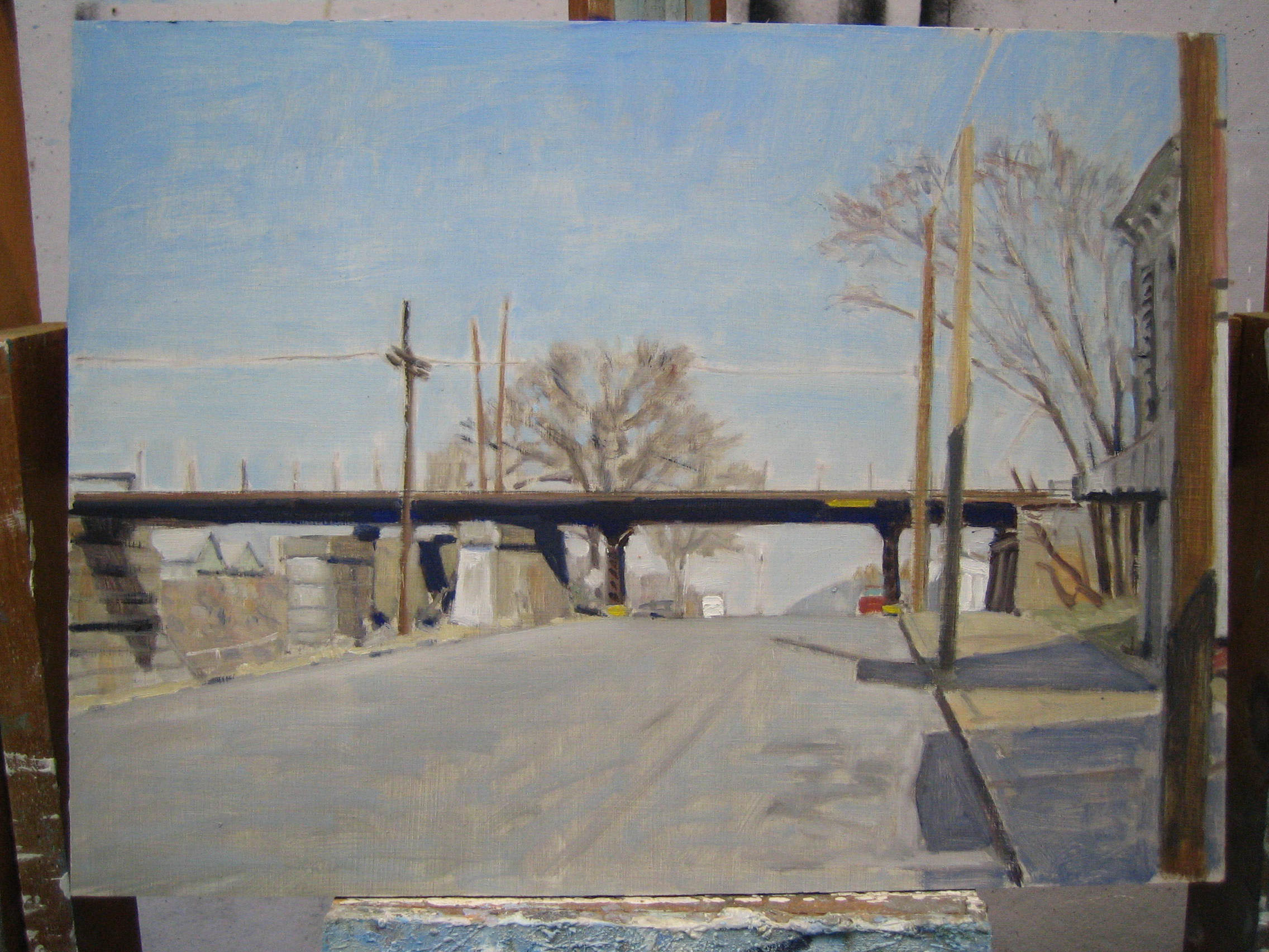 Painting of a train trestlel over a road