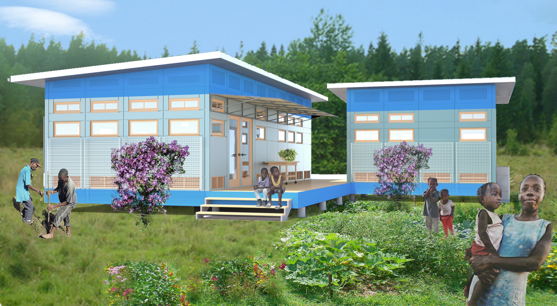 Digital Rendering of a blue building in Haiti used for medical help