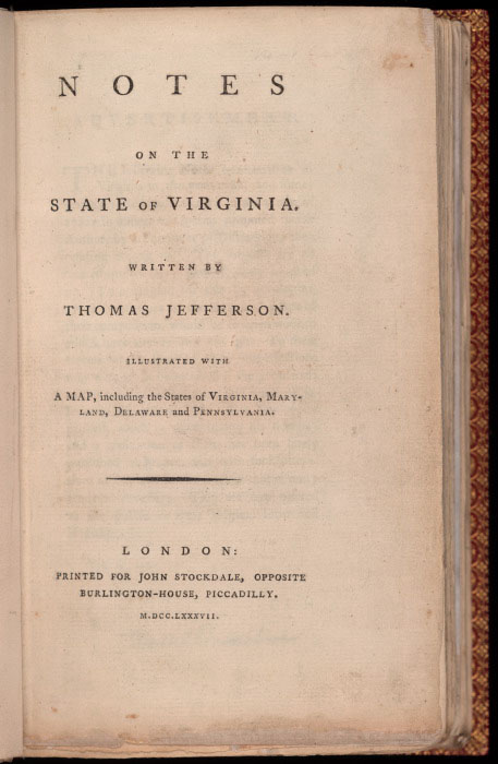 Title page of the book: Notes on the state of Virginia written by Thomas Jefferson