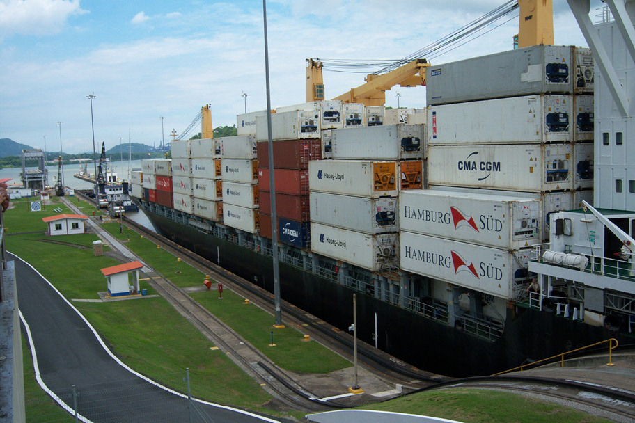 Boat full of cargo trailers going through the Panama Canal