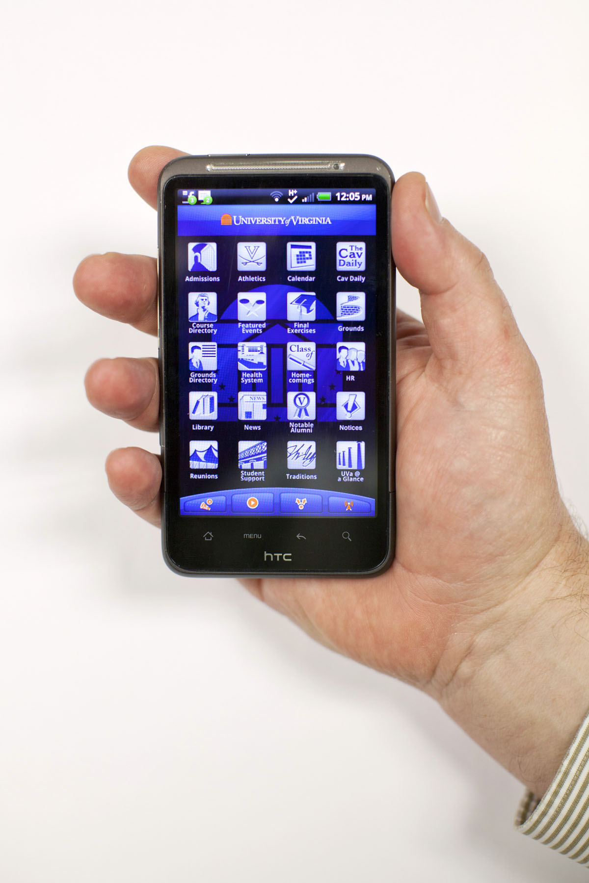 Person holding a phone with a app open with many icons about various UVA departments