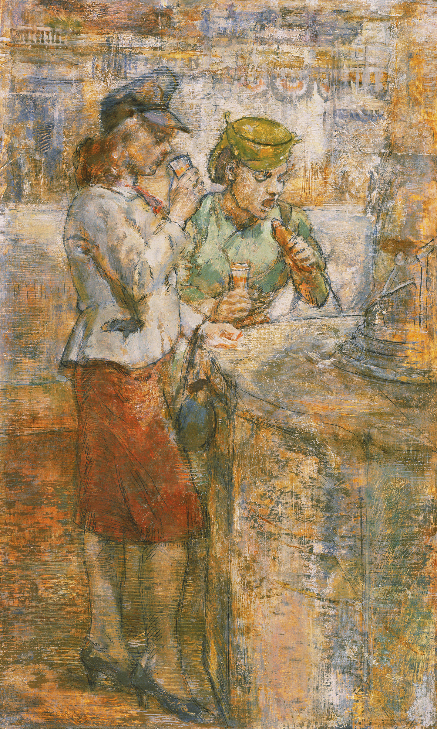 Painting of two women eating lunch at a lunch counter