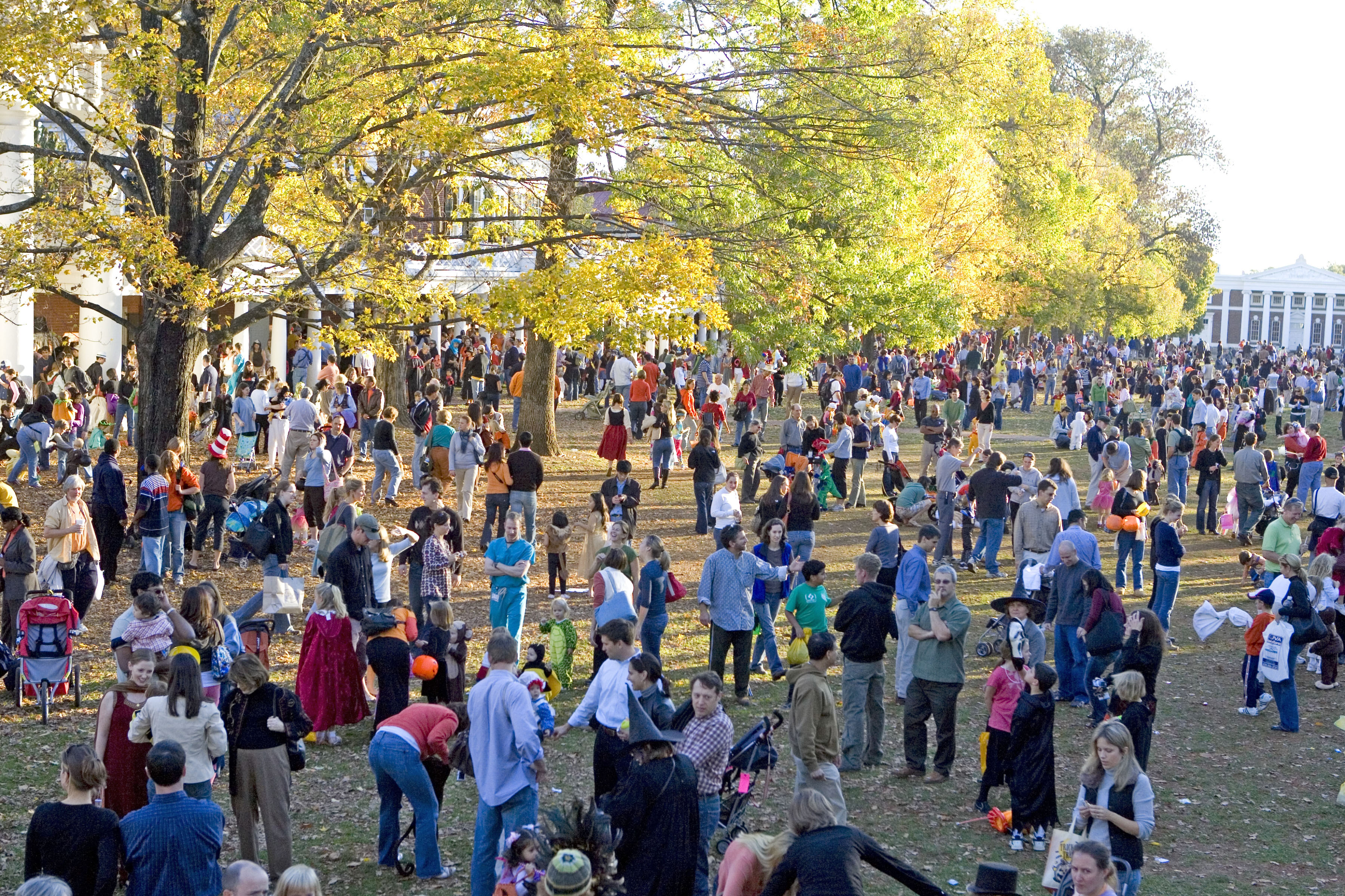 The Lawn full of parents and children dressed up in halloween costumes