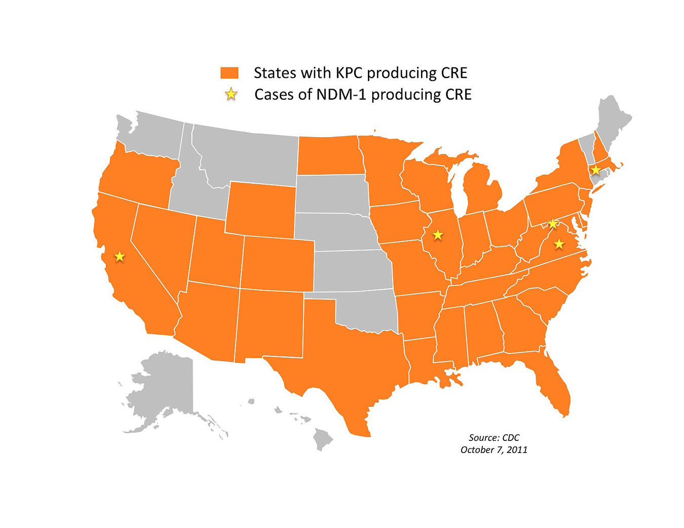 Map of the United states with states in orange and grey.  Orange represents the states with KPC Producing CRE Grey representing those without.  There are yellow stars on the map as well showing the Cases of NDM-1 producing CRE