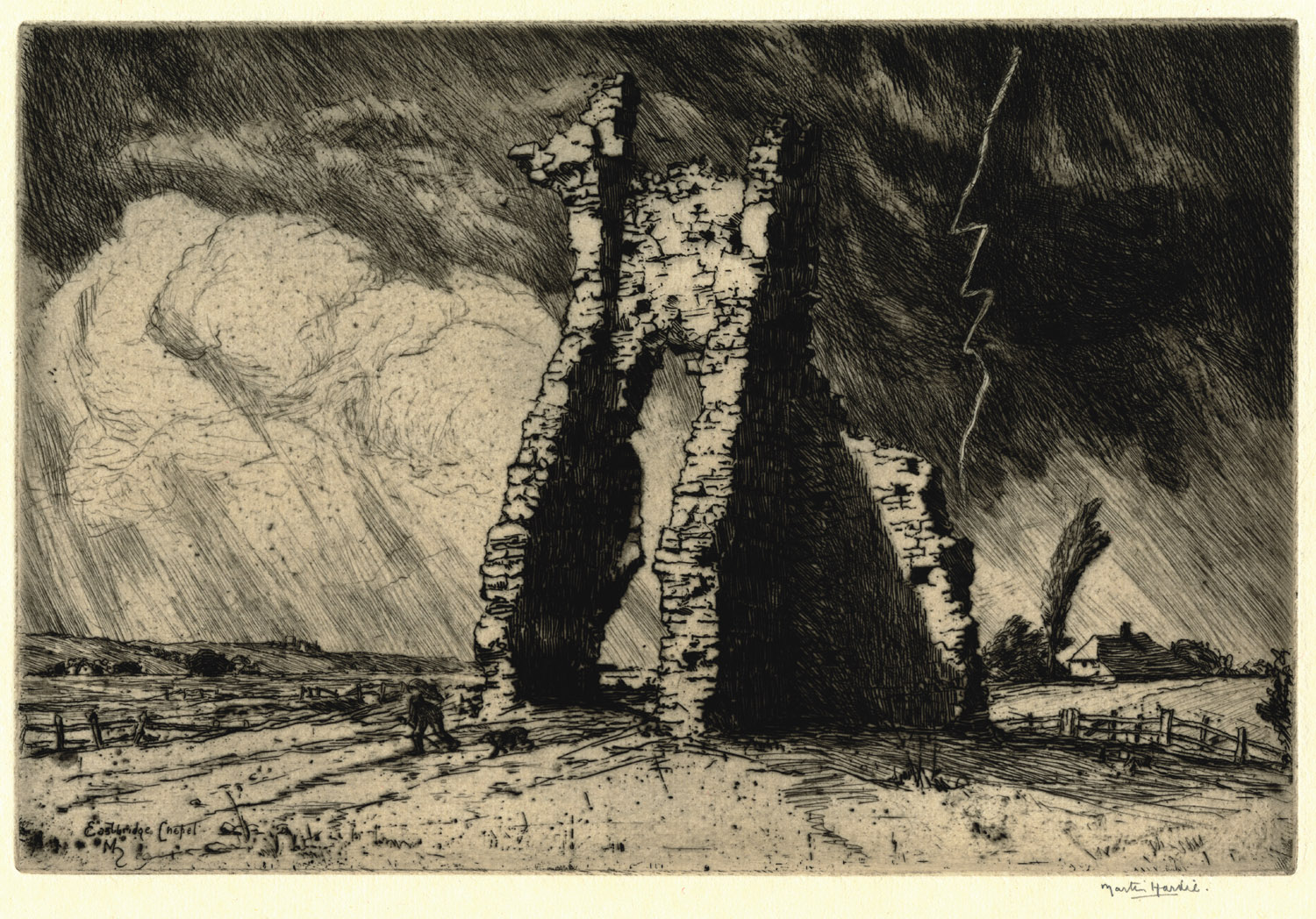 old painting of the Ruins of Nervesa as a storm comes and lightening strikes
