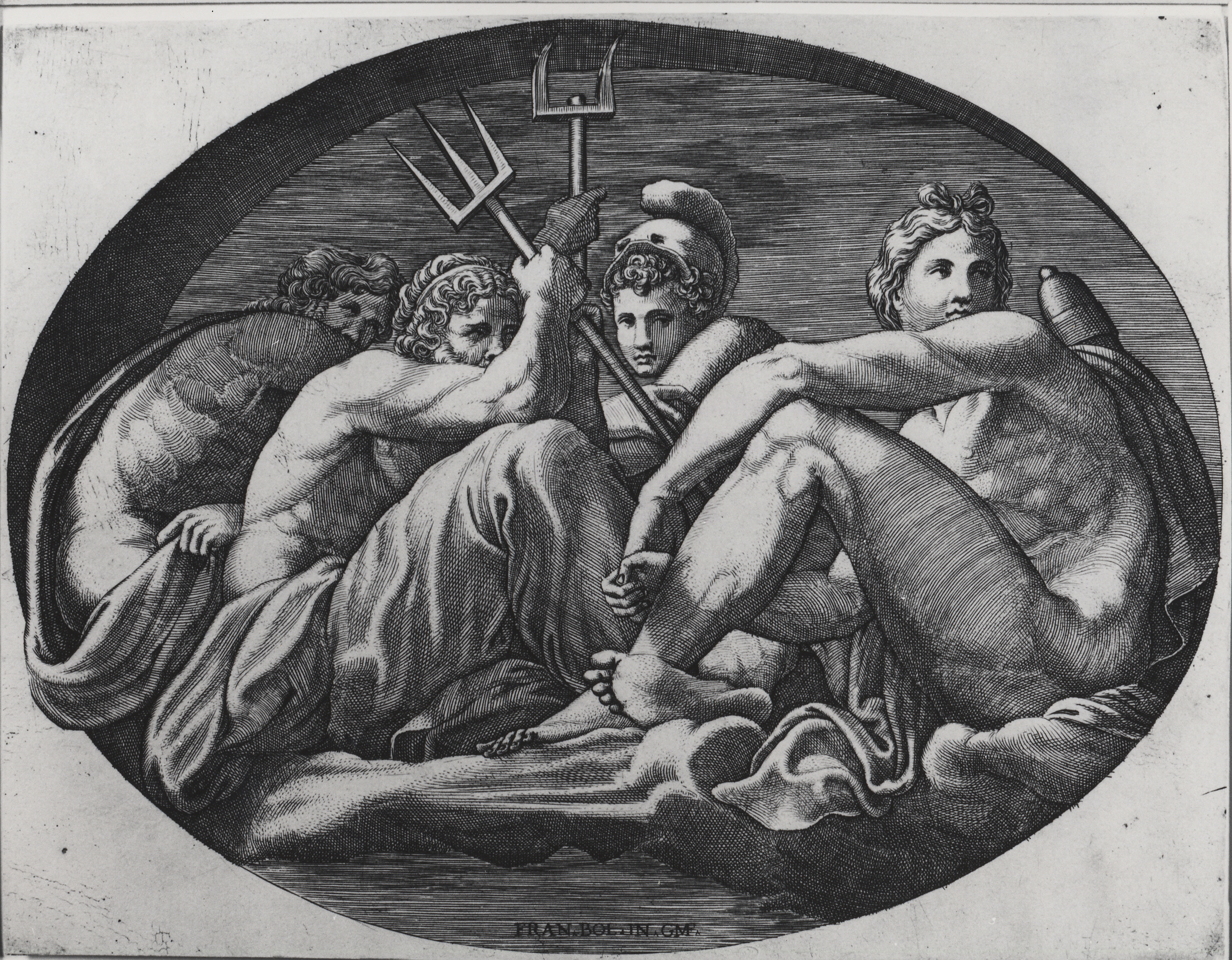 Drawing of Apollo, Neptune, Pluto, and Pallas sitting on the ground all looking to the right of the image