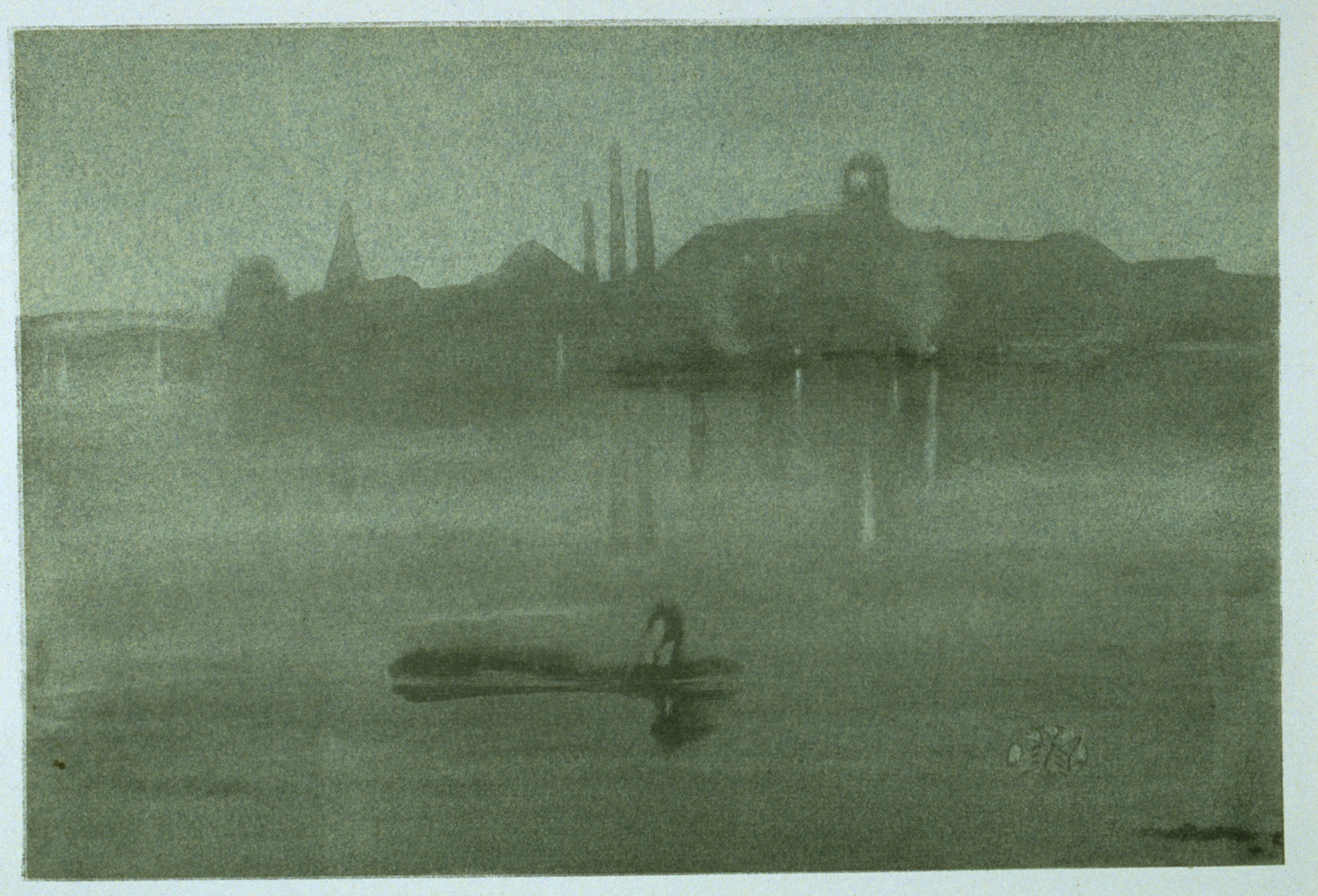painting of a foggy night.  town can barely be seen in the background and a person in a boat on the water 
