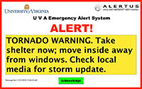 Text reads: Alert! Tornado Warning. Take shelter now; move inside away from windows. Check local media for storm update