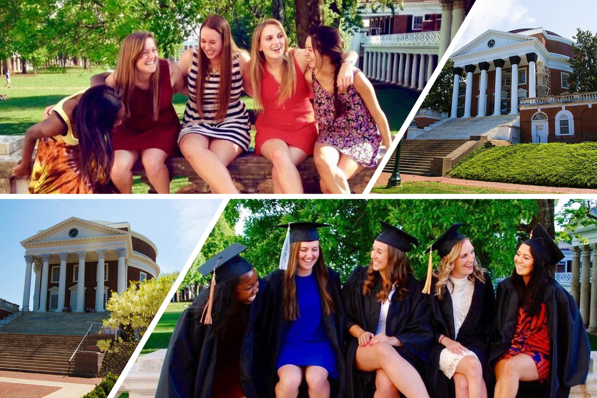 collage of the Rotunda and a group of friends their first-year and on graduation day.