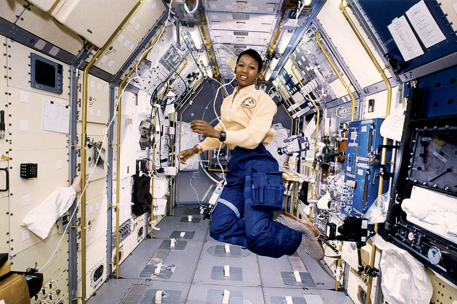 Mae Jemison floating in the space station