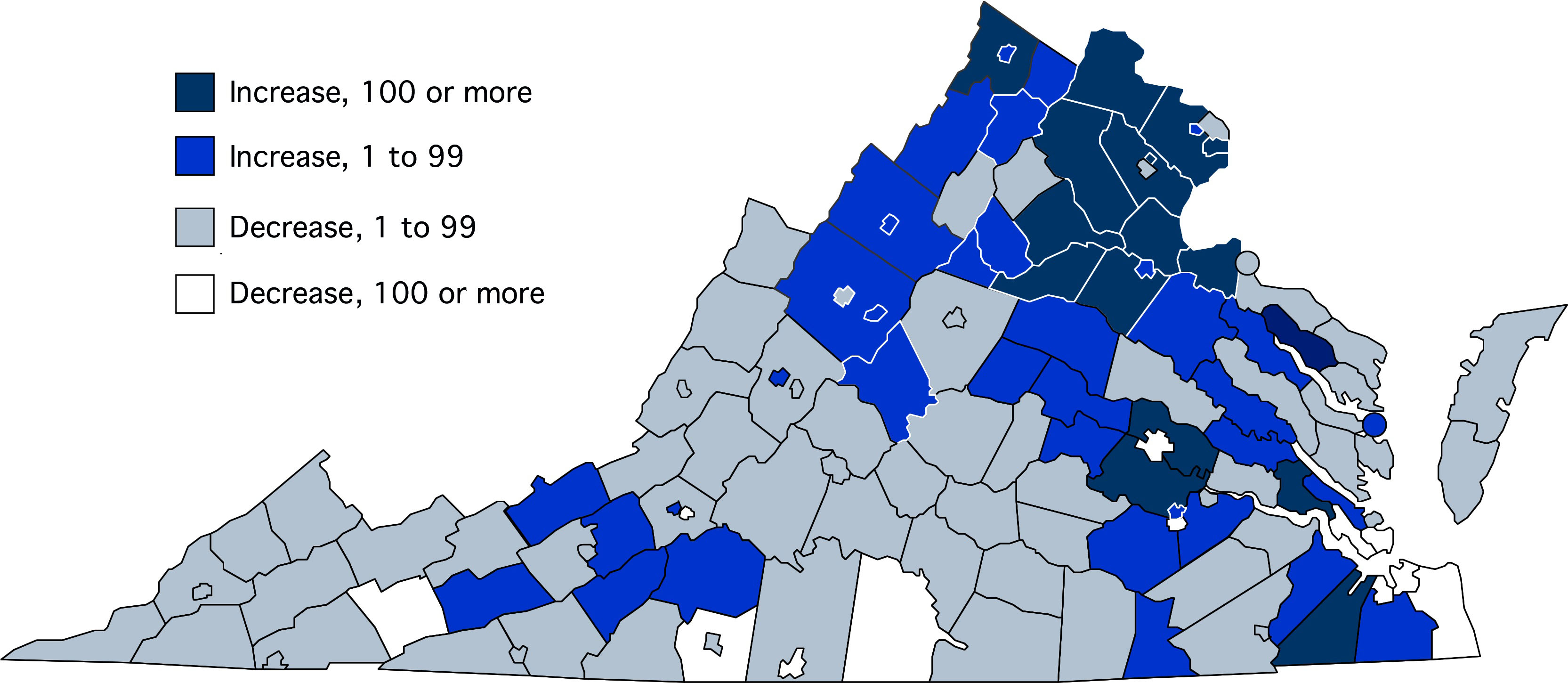 Map of Virginia in various shades of blue to show the increase in population