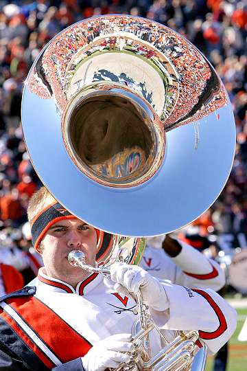Cavalier Marching Band member playing the Sousaphone 