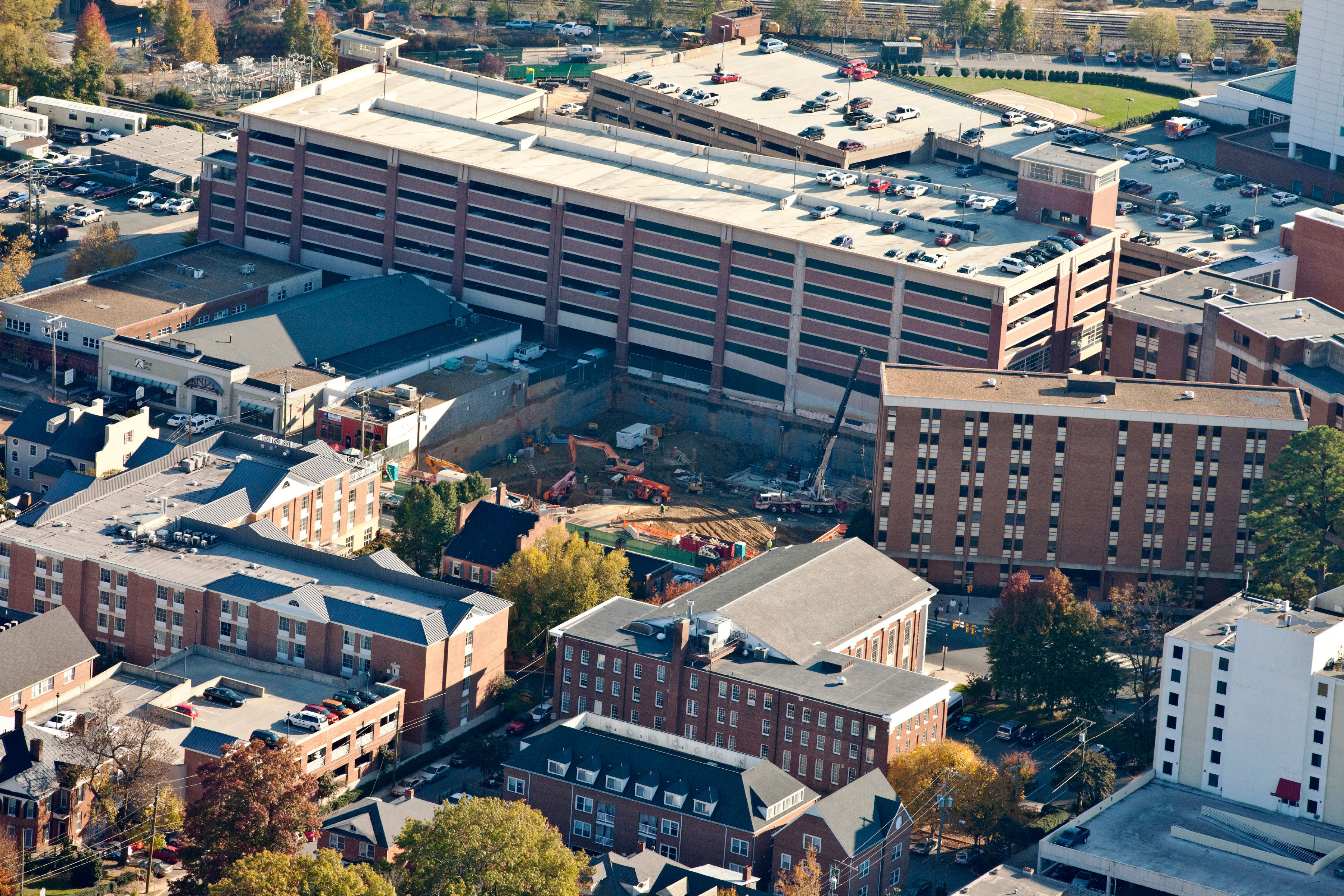 Aerial view of the construction site of the UVA Children's hospital