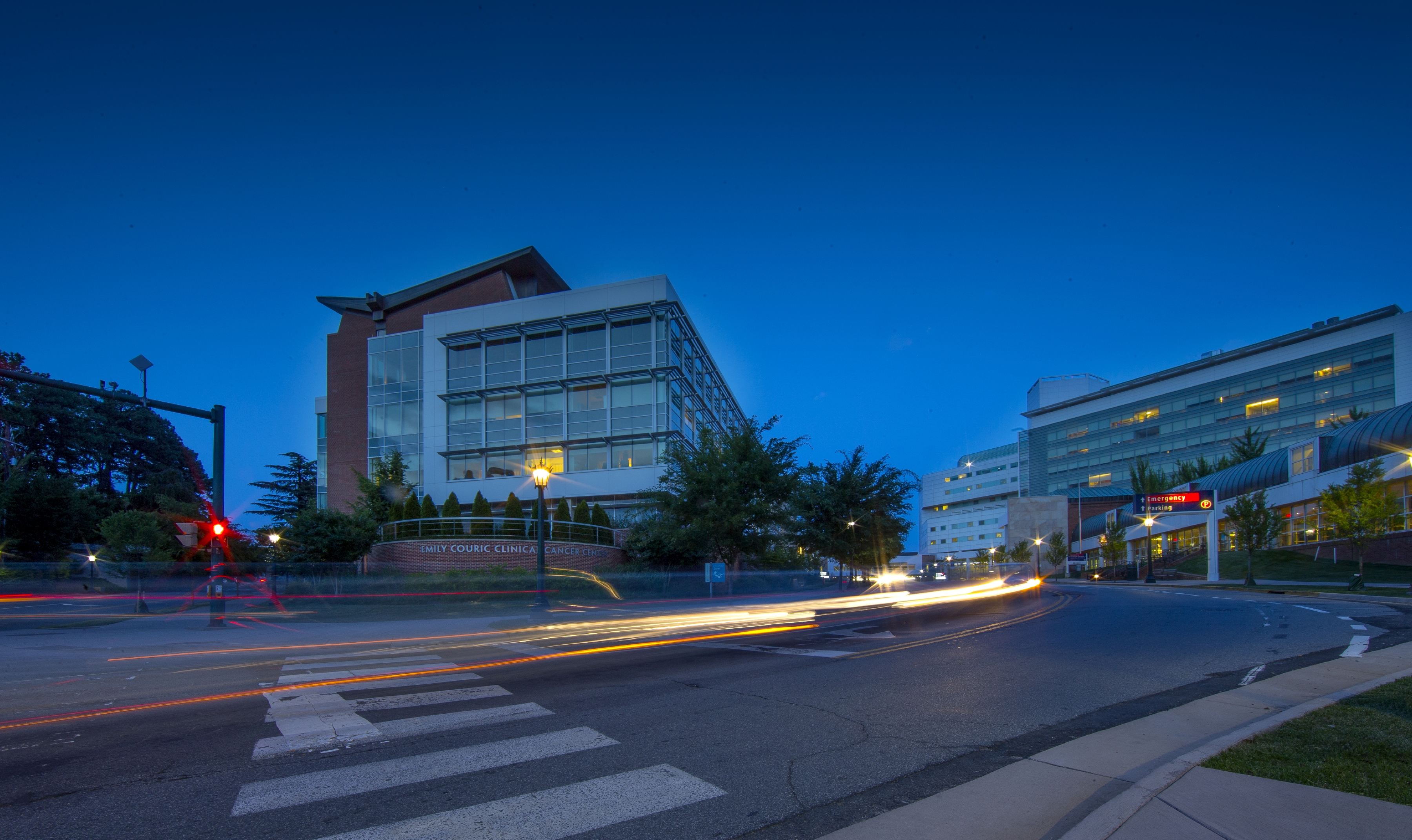 Emily Couric Cancer Center at night lit up