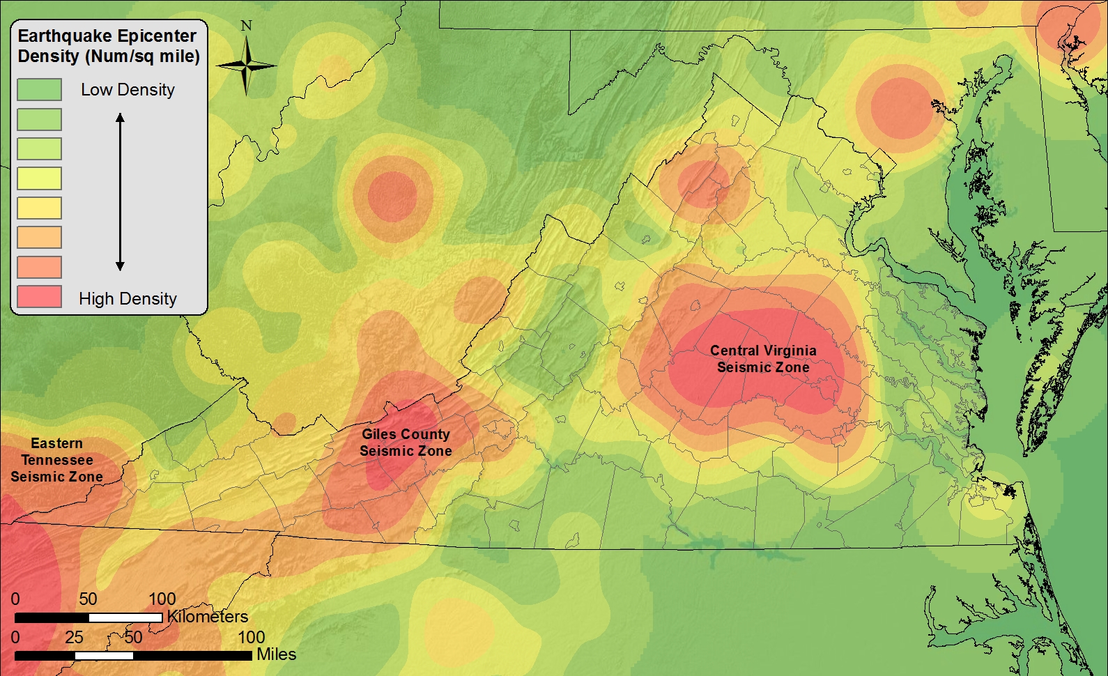 Seismic Zone map of Virginia with yellow, green, red, and orange colors