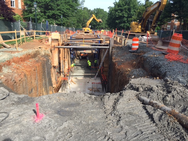 Construction of a utility tunnel on grounds with metal wall braces for safety