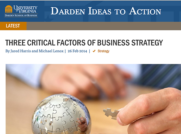 text reads: Darden Ideas to Action. Three critical factors of Business Strategy. By: Jared Harris and Michael Lenox | 26 Feb 2014