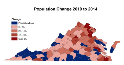 Virginia color coded map to show the population change from 2010 to 2014
