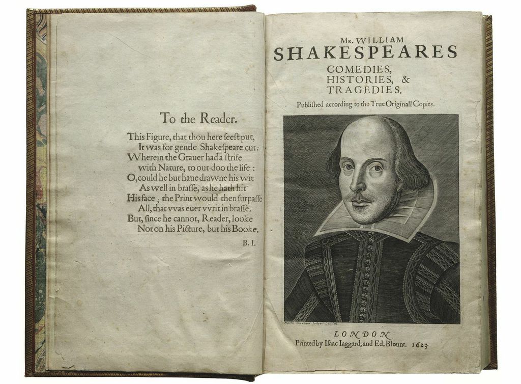 An old book opened to the cover page that reads: Mr. William Shakespeares Comedies, Histories, & Tragedies