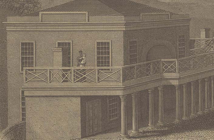 Black and white drawing of the Pavilion buildings with slaves on the top balconies