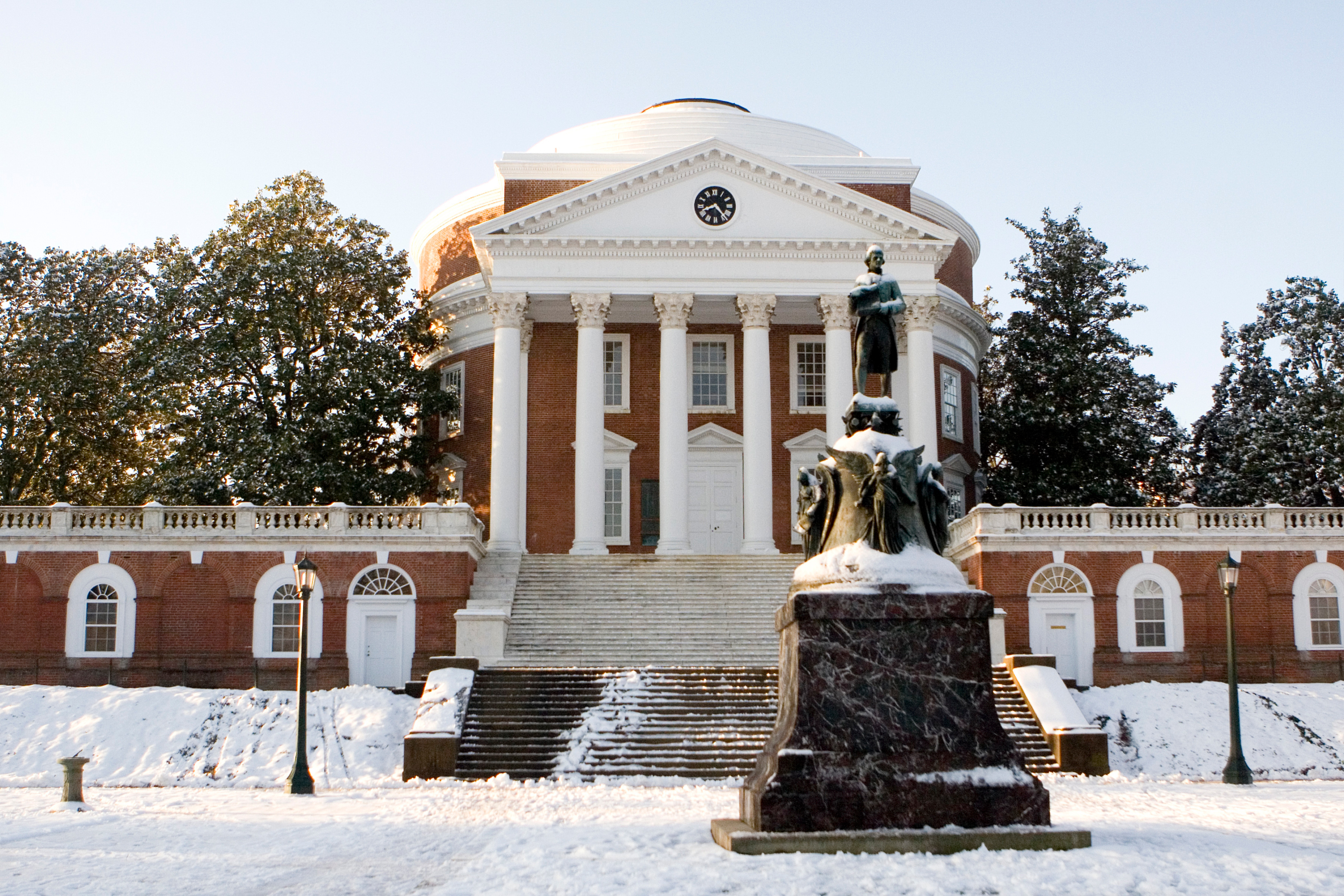 The Rotunda and Thomas Jefferson statue covered in snow