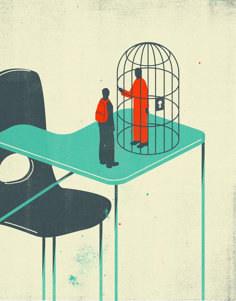 Illustration of a student desk with a super small man wearing a backpack and another man in a prison jump suit in a cage