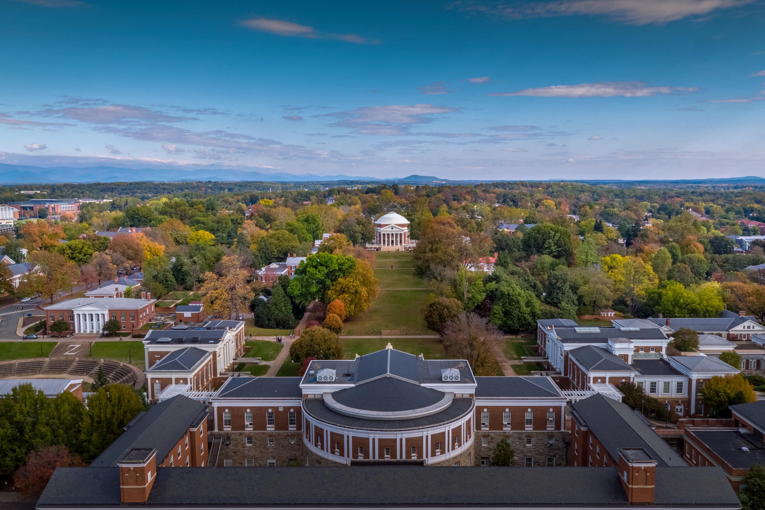 Aerial View of the Rotunda and lawn from Cabell hall