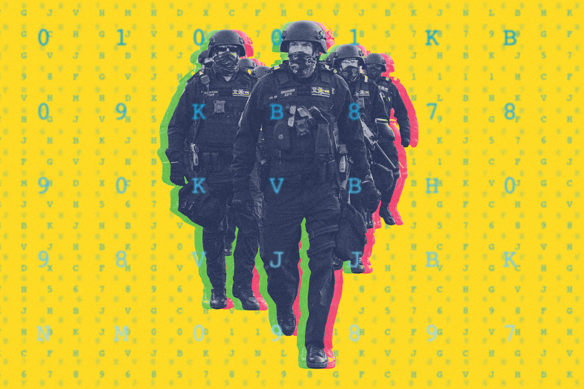 illustration: background is bright yellow with light green random letters and numbers in various sizes with Police in full riot gear in the middle