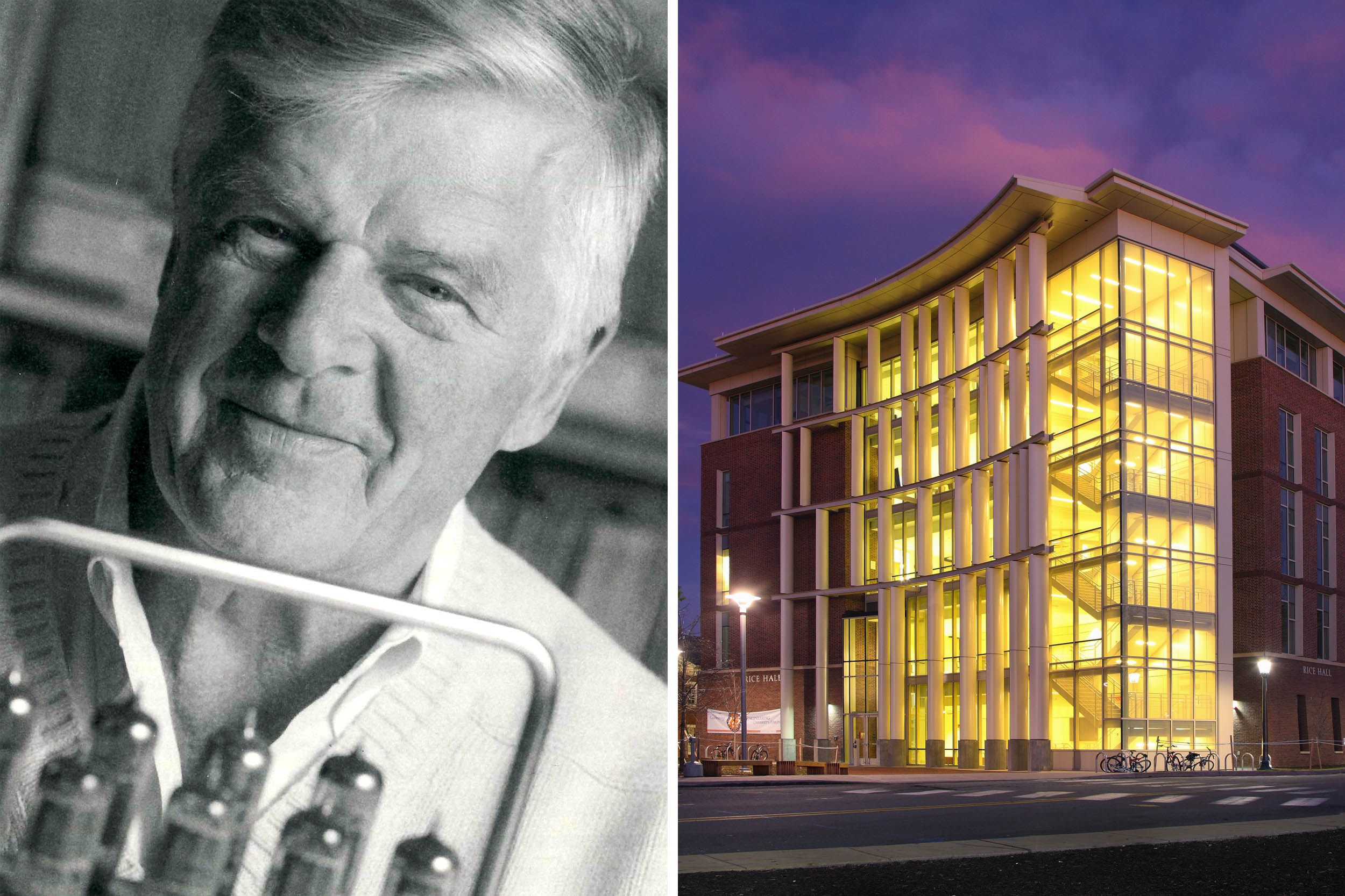 left: Alan Batson headshot.  right: building of the Computer Science building lit up at night