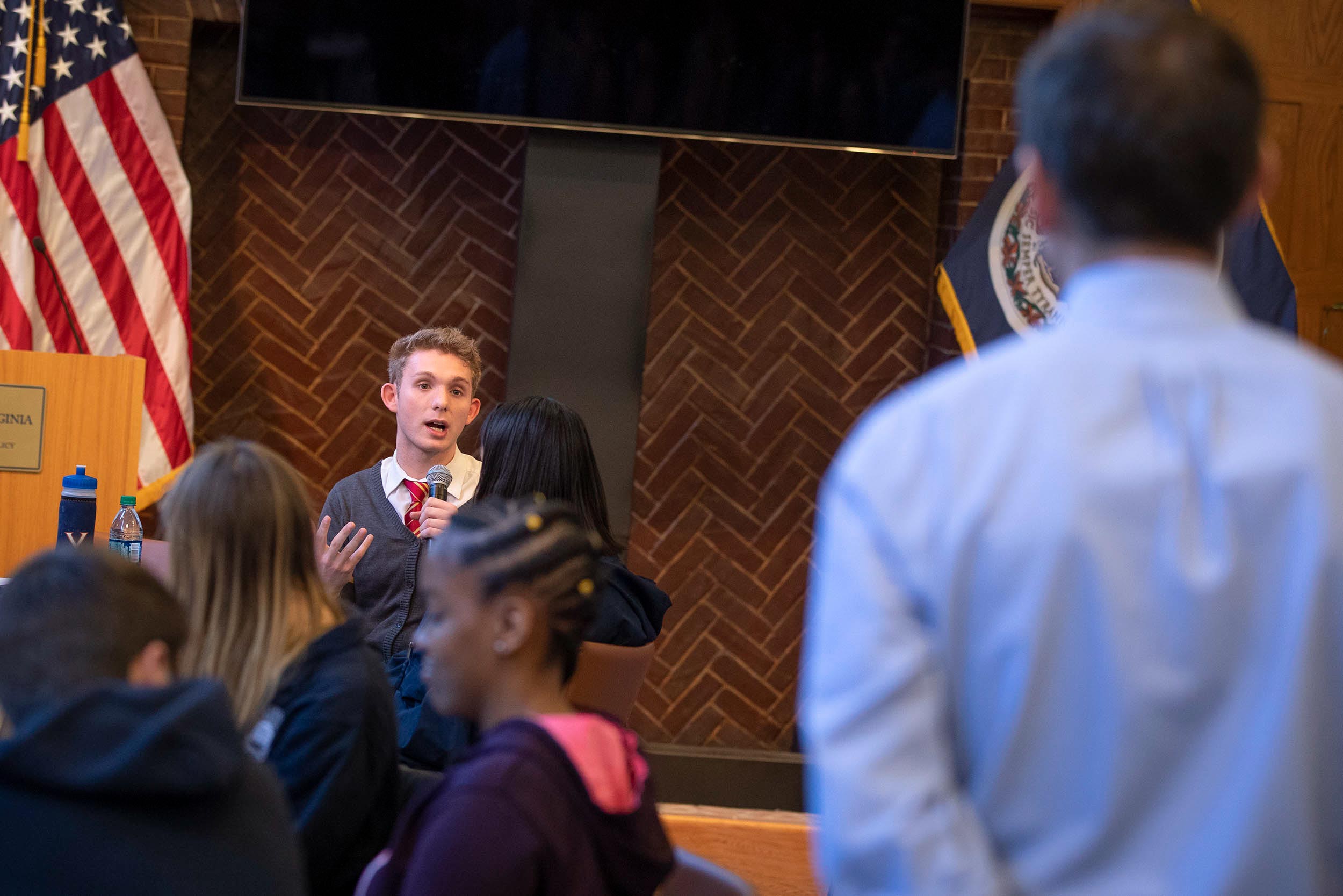 Josh Farris asks UVA President Jim Ryan a question at town hall earlier this semester at the Batten School of Leadership and Public Policy. 
