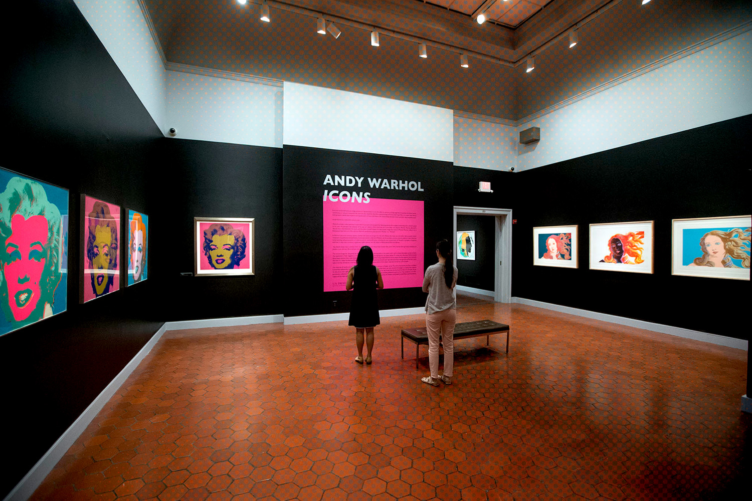 People reading a sign at the Andy Warhol Icons art exhibit