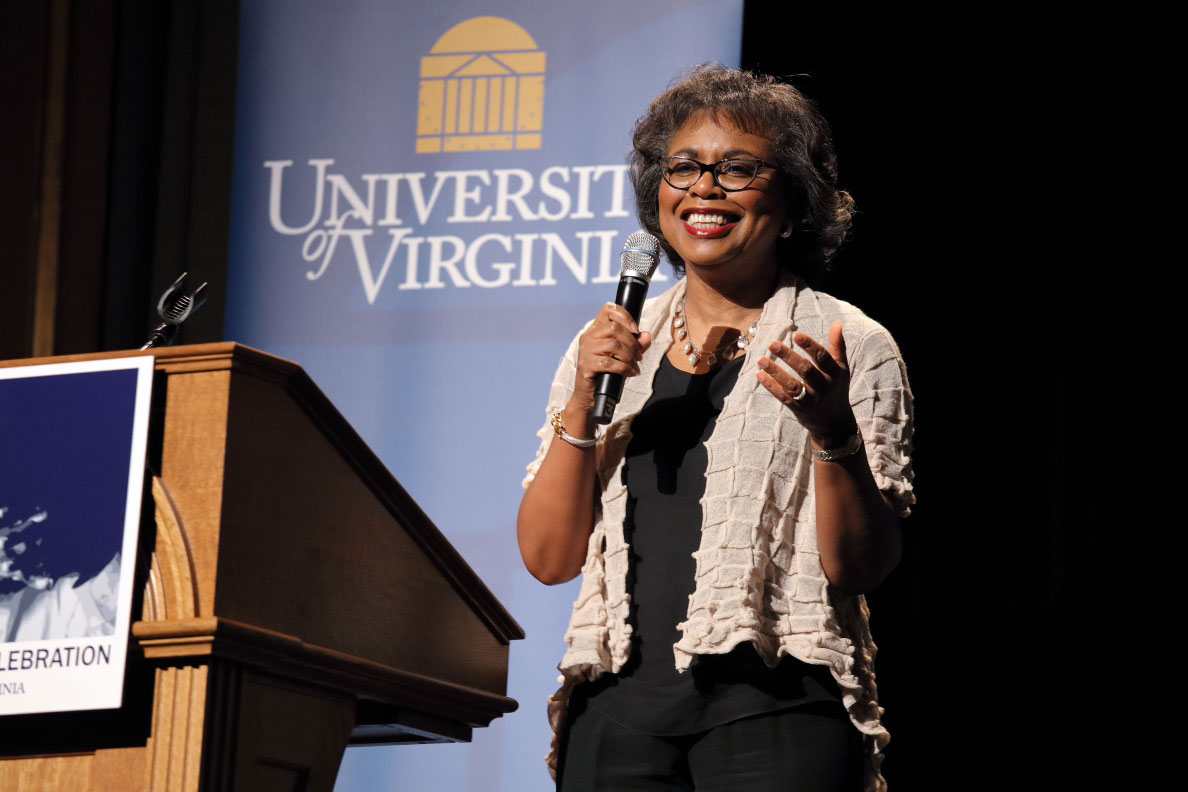 Anita Hill speaking to a crowd from the stage
