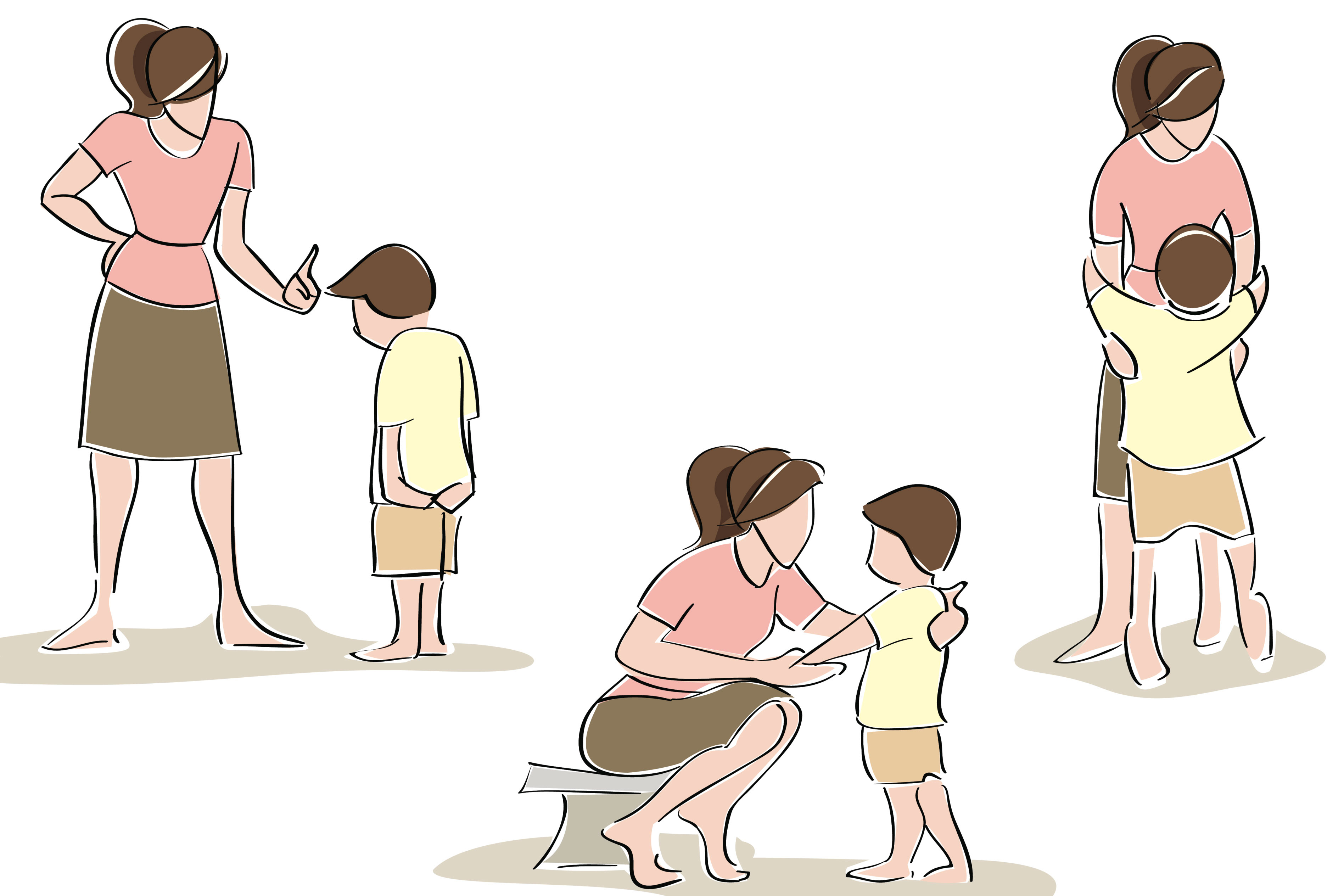 Illustration of a mom scolding her son, talking to her son, and hugging her son