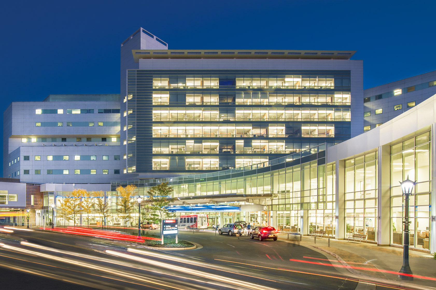 UVA medical Center with lights on at night