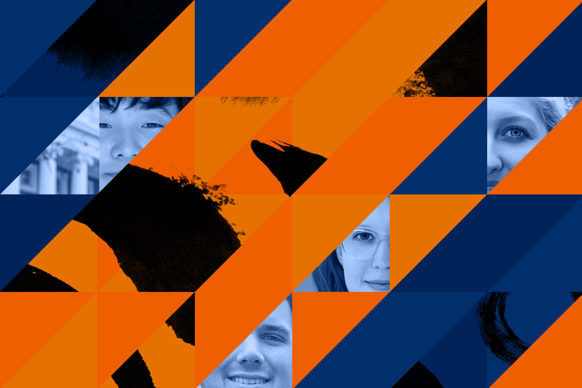 Collage of blue and orange shapes and peoples faces