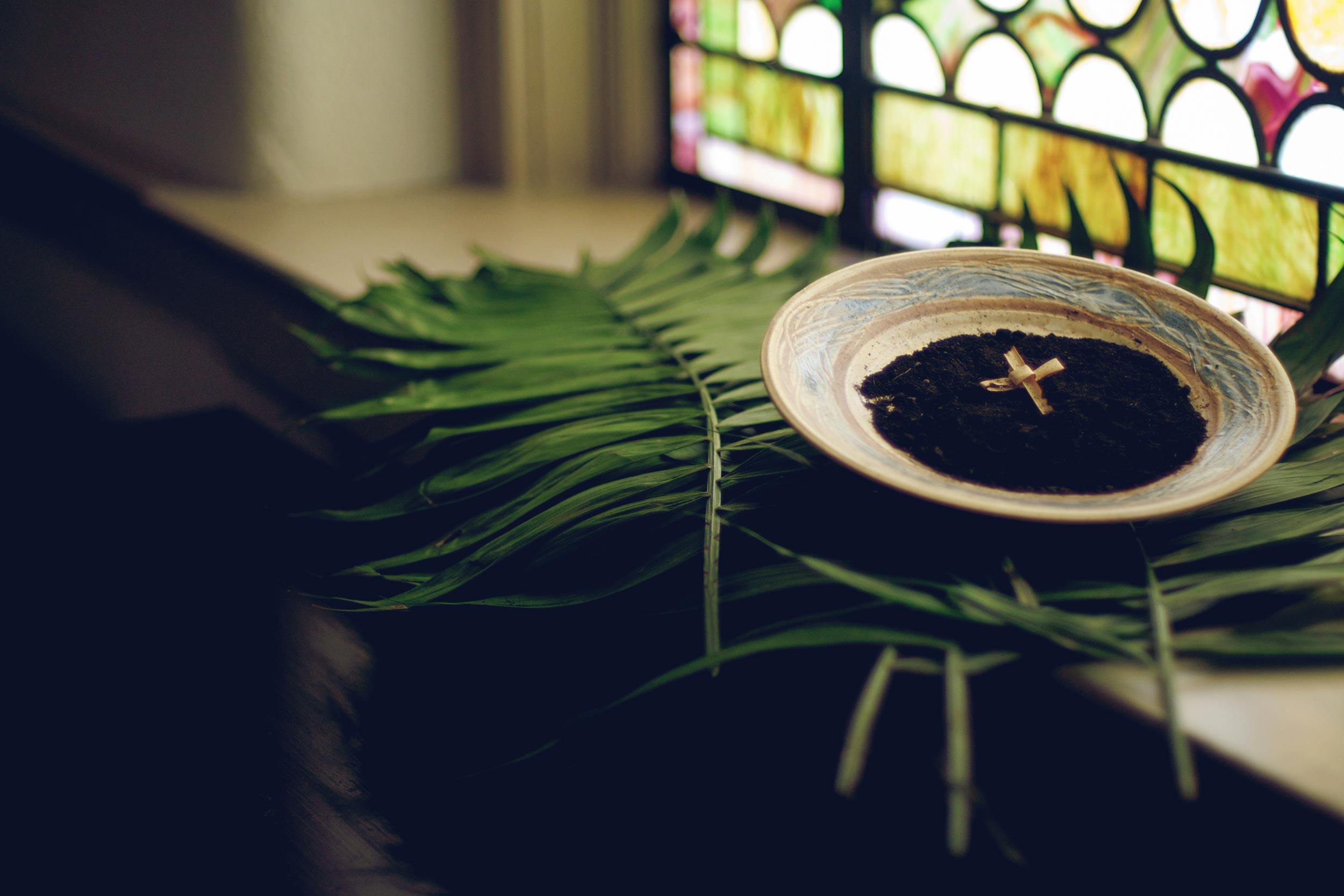 Palm branches on a window sill with ashes in a bowl and a dried palm leaf cross inside