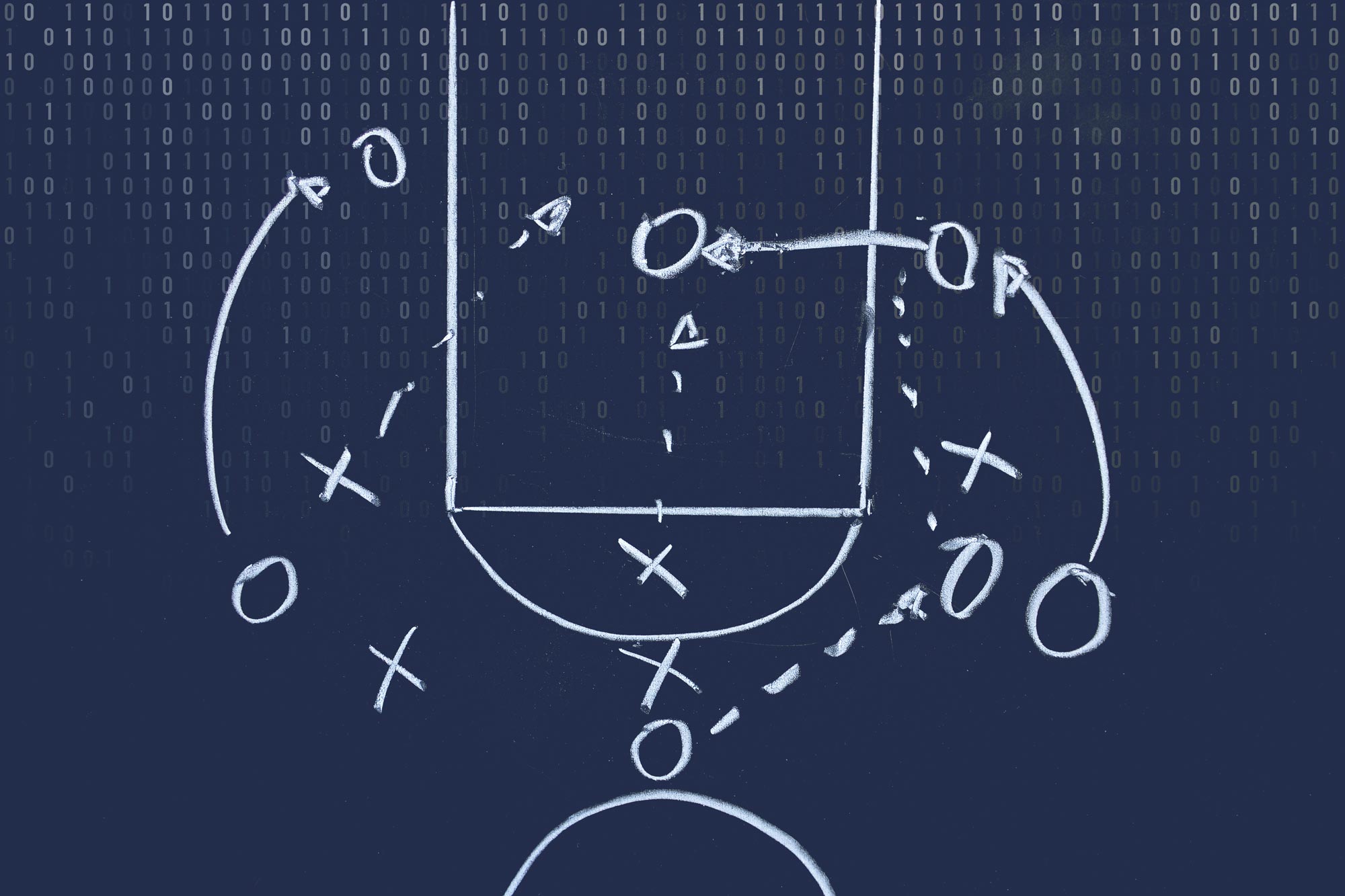 Illustration of a basketball court play with xs, os, dotted lines, solid lines, and arrows