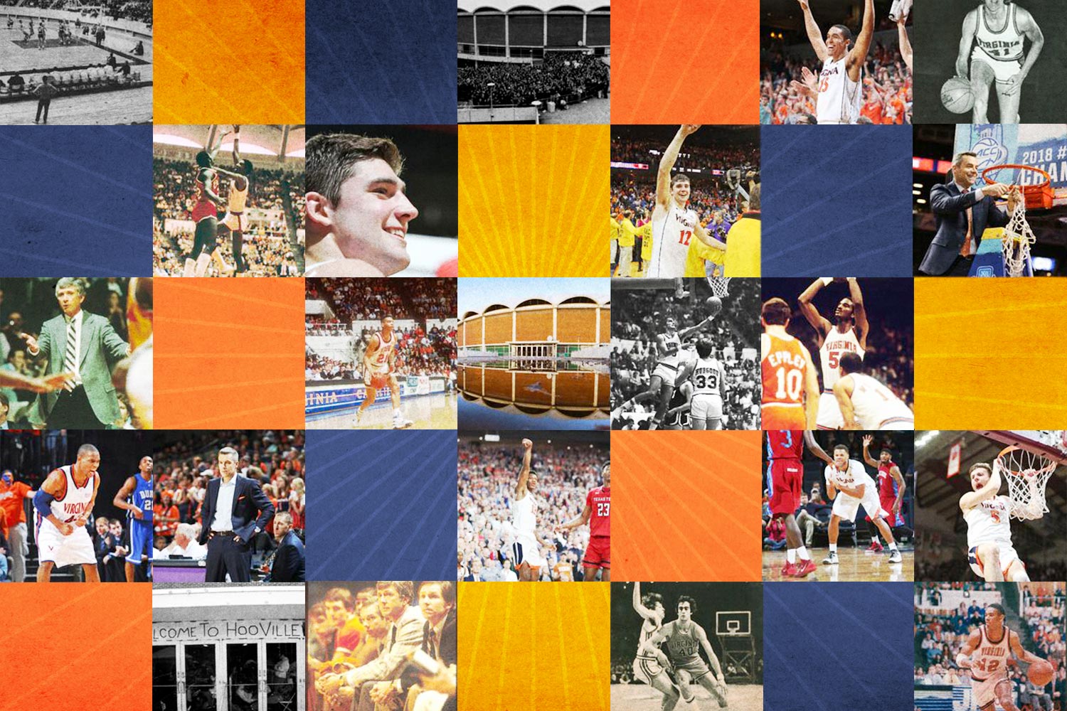 Collage of blue, orange, red blocks mixed with vintage basketball photos