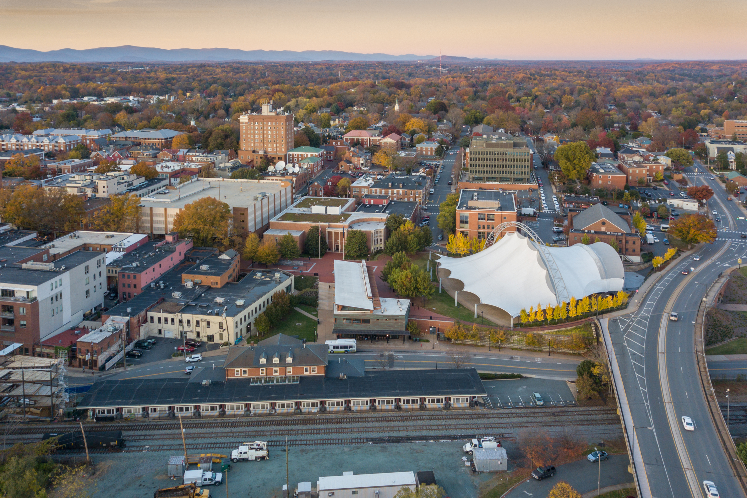Aerial view of downtown Charlottesville
