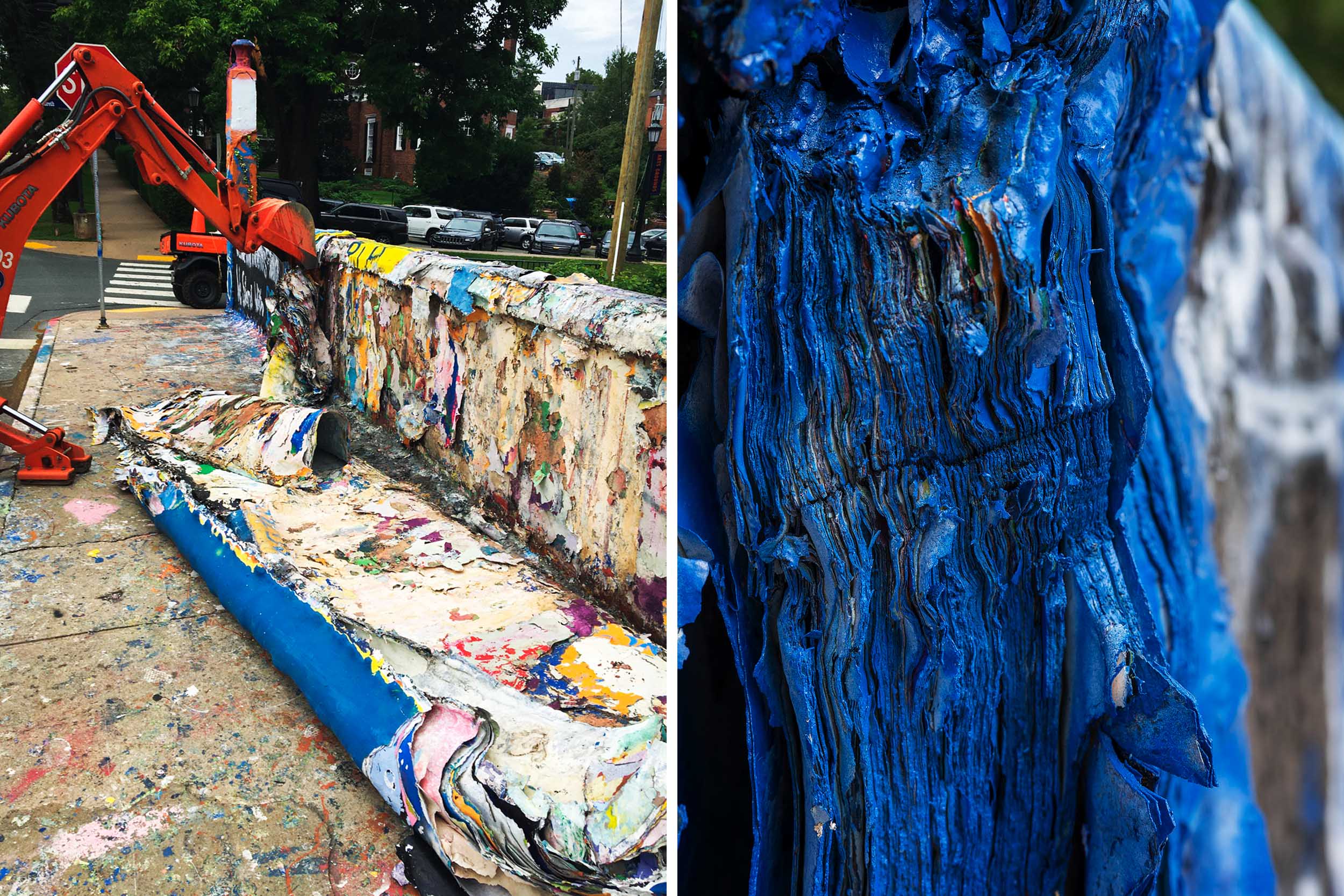 Left: backhoe removing layers of paint off of beta bridge.  Right: up close view of all of the paint layers from beta bridge