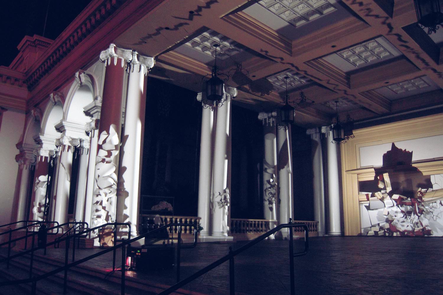 Theatre set with tall white Columns