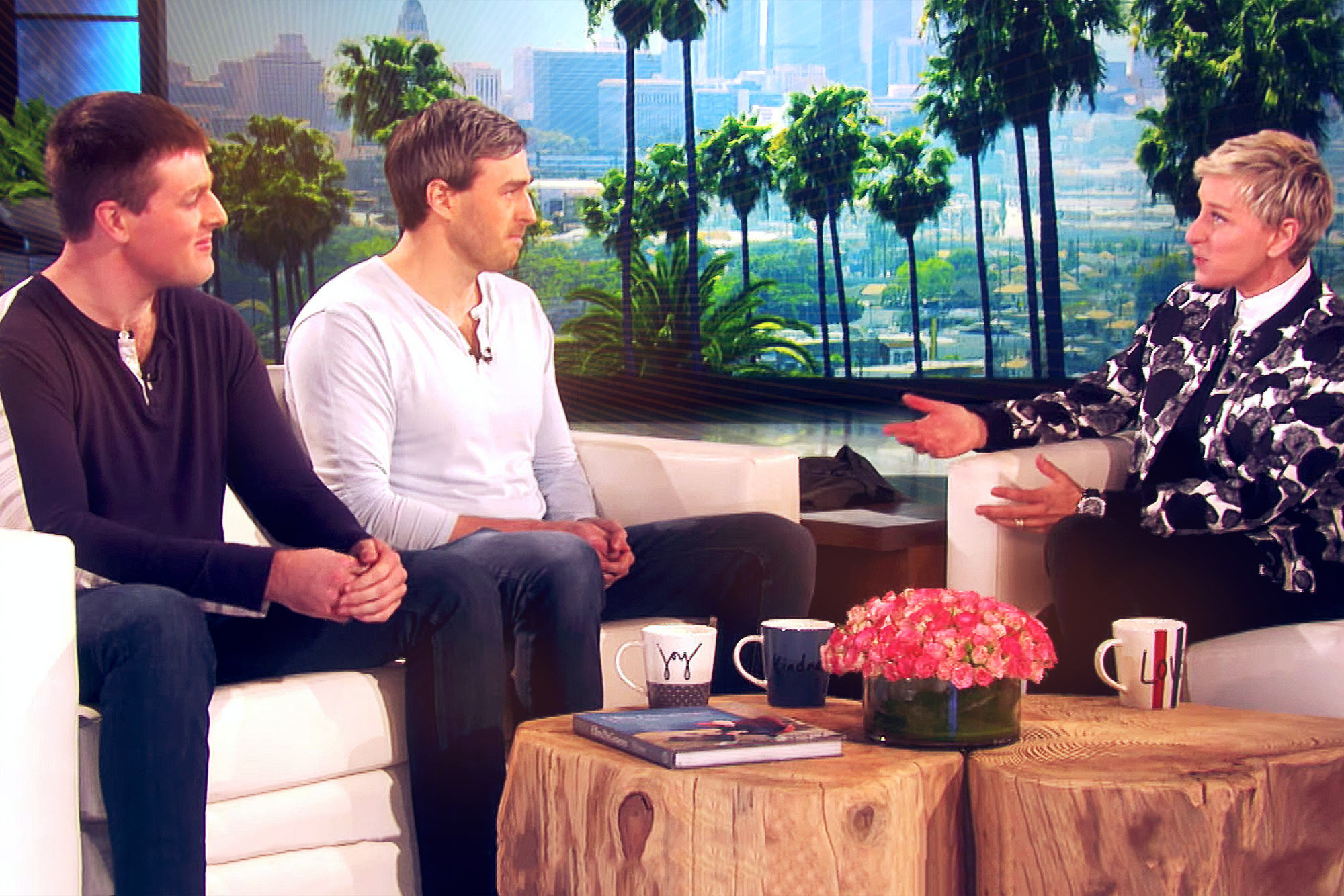 Ellen DeGeneres talking to Bradford and Bryan Manning on the Ellen show