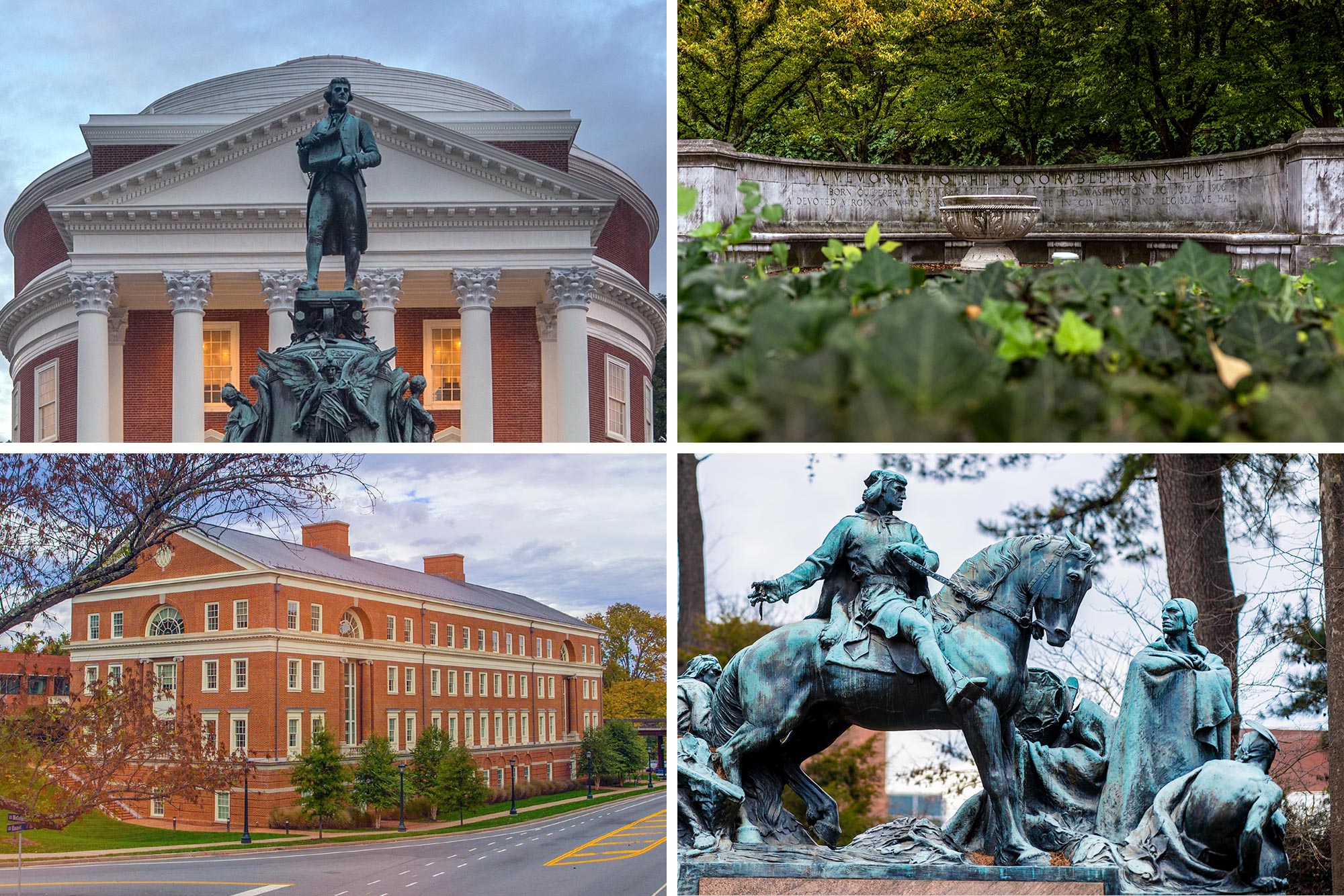 top left: Jefferson Statue in front of the Rotunda.  top right: Whispering Wall seen through the bushes, bottom left:  School of Education and Human Development building, bottom: right: George Rogers Clark Statue
