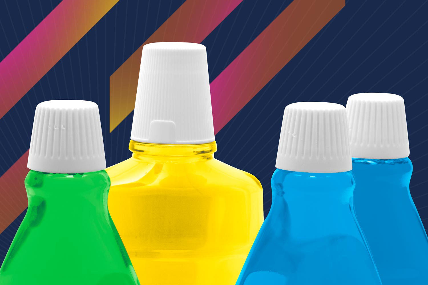 Green, yellow, and blue bottles with white caps