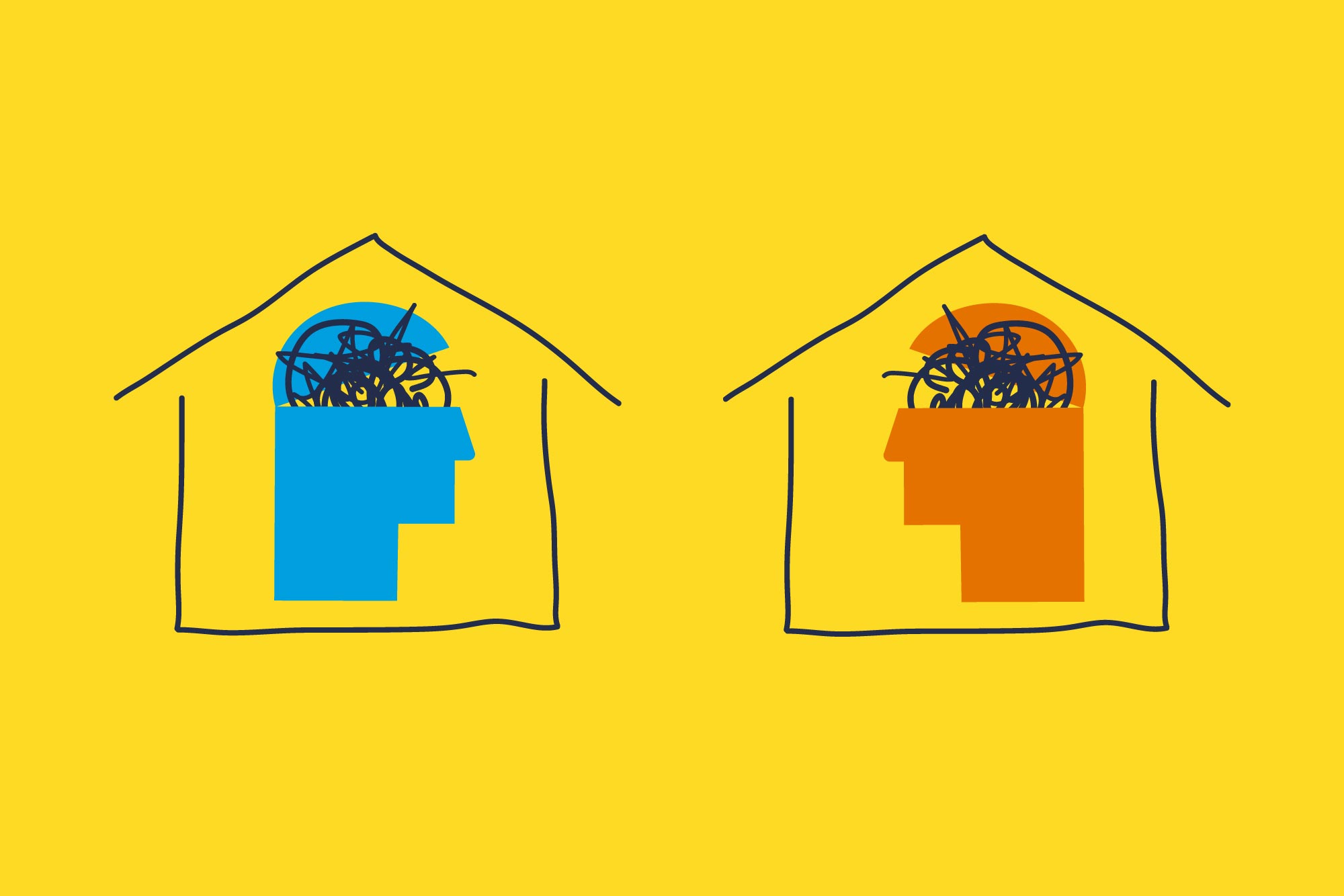Illustration of two simply drawn houses with one illustrated profile of a head. The heads open up at the forehead and squiggly lines come out. Left house has a blue head and the right house has an orange head