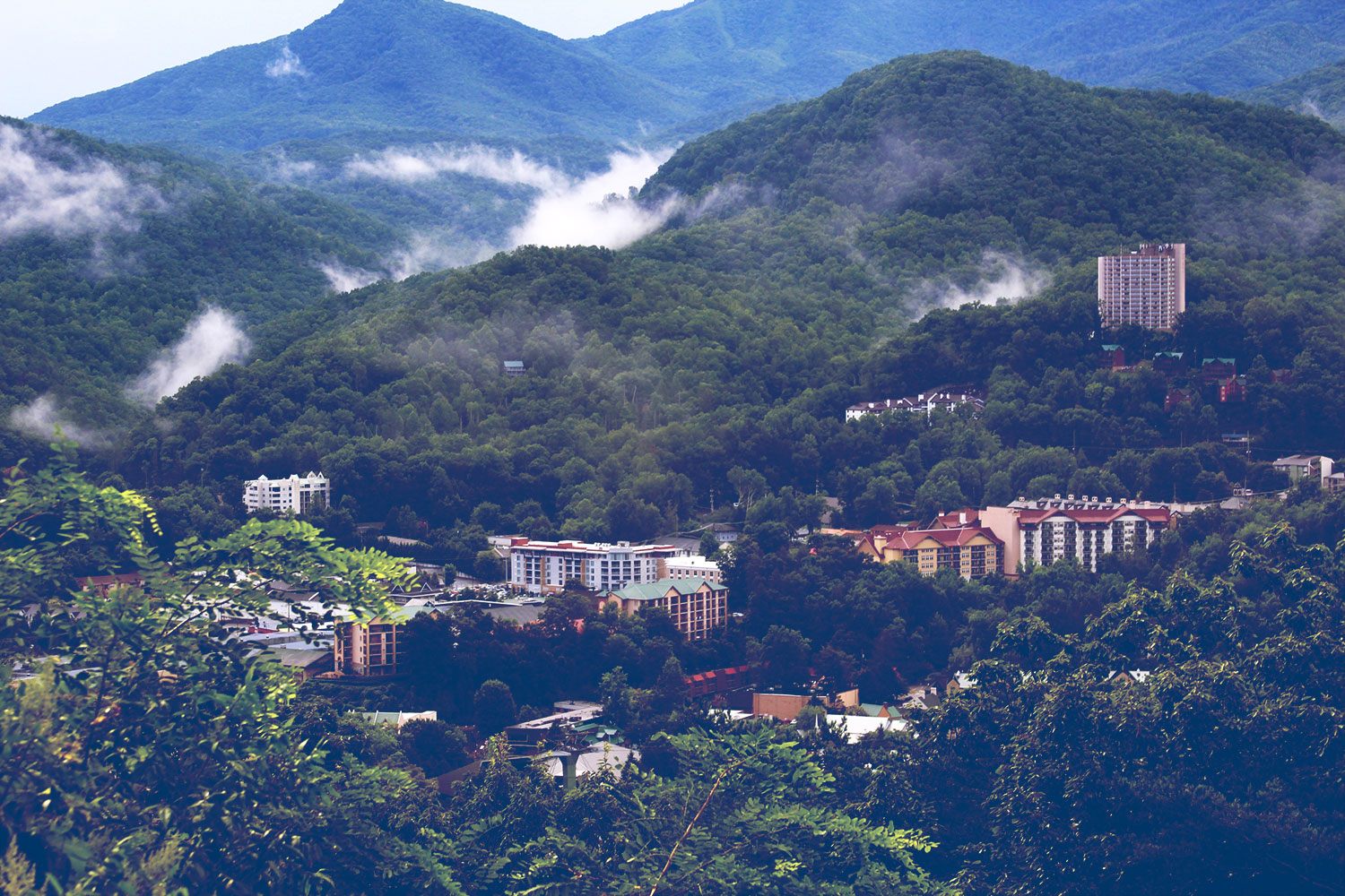 Rural Appalachia city surrounded by trees, mountains, and fog