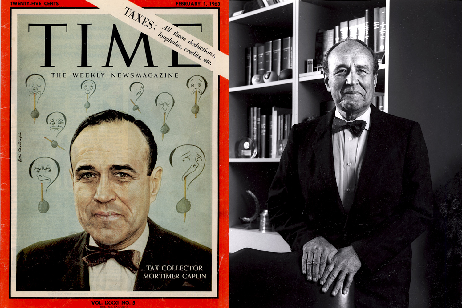 Left: Mortimer Caplin on the cover of Time Magazine.  Right: Mortimer Caplin standing with his hands on a chair smiling at the camera.  Black and white image