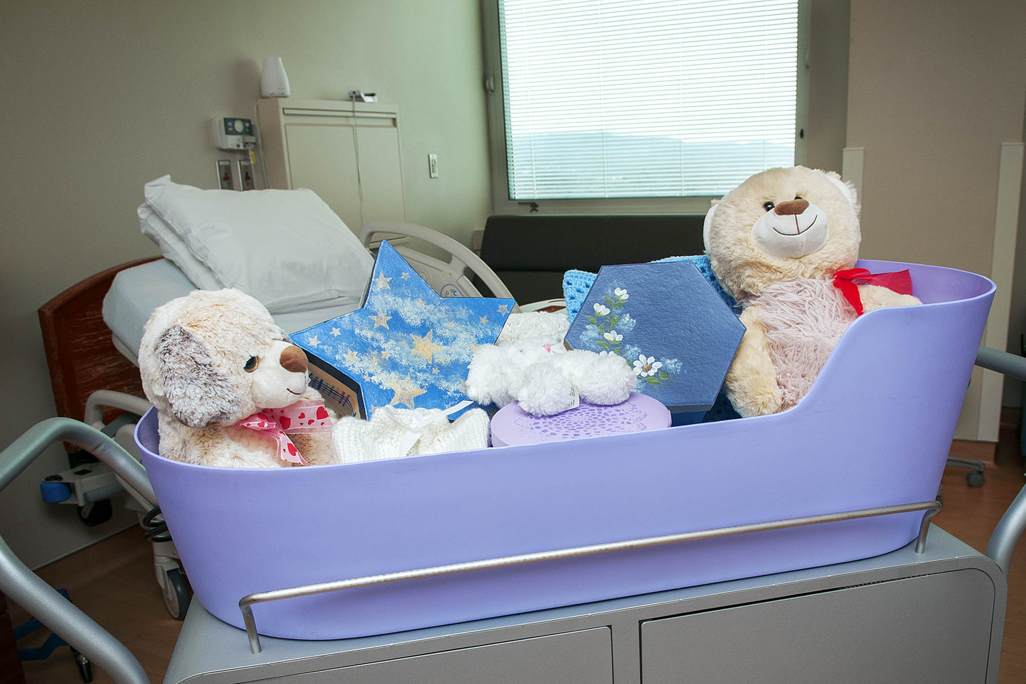 Baby cradle filled with stuffed animals and memory-making kits