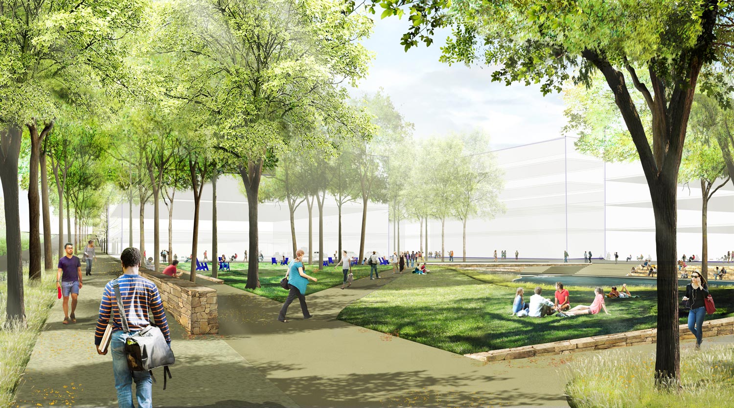 A Digital rendering of a large, open green space with students sitting in groups and walking on sidewalks