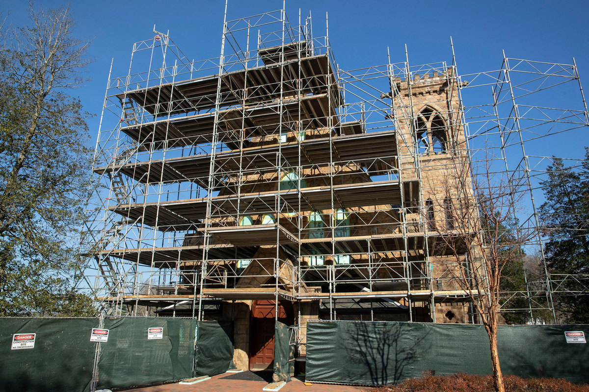 University Chapel encased by 7 layers of scaffolding
